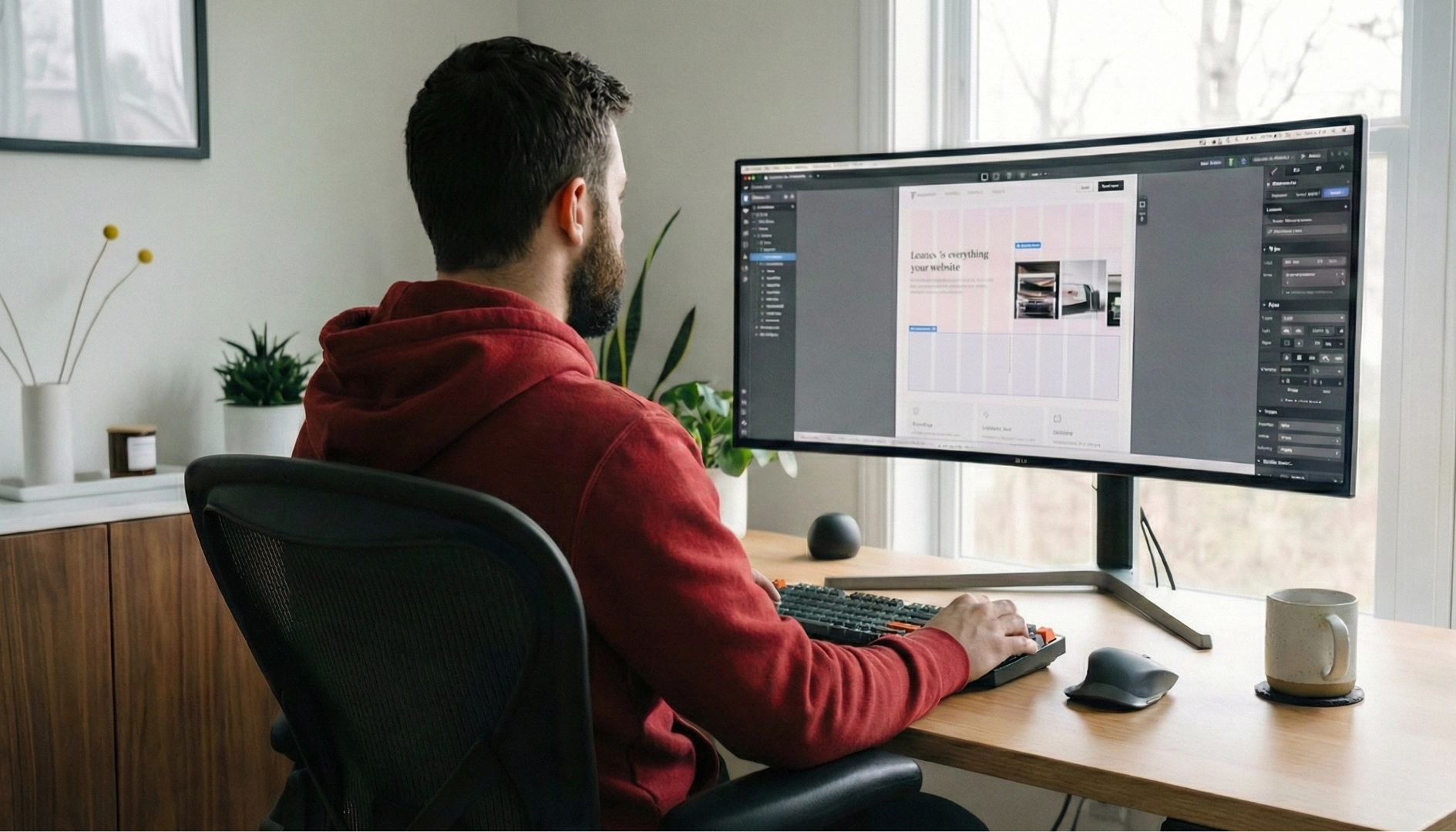Man in a red hoodie working on a large curved monitor displaying a website design interface, seated at a wooden desk with keyboard, mouse, and coffee mug.